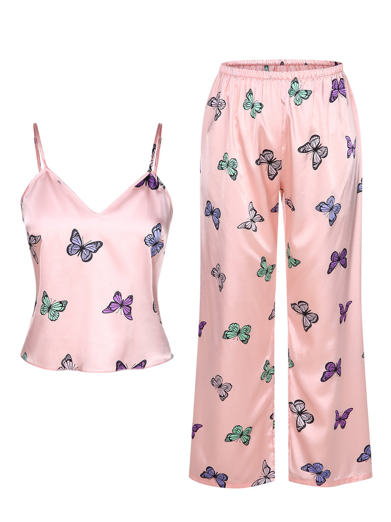 2PCS Pink 1950s Butterfly Suspender V-Neck Sleepwear