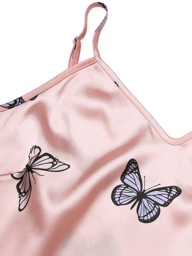 2PCS Pink 1950s Butterfly Suspender V-Neck Sleepwear