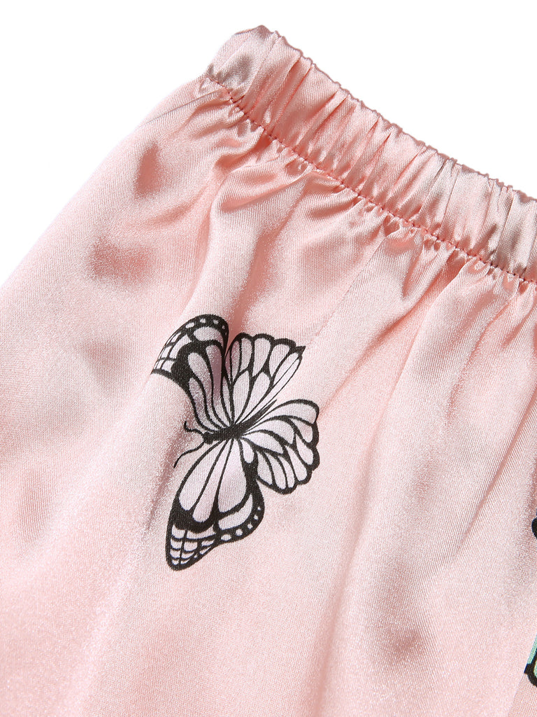 2PCS Pink 1950s Butterfly Suspender V-Neck Sleepwear