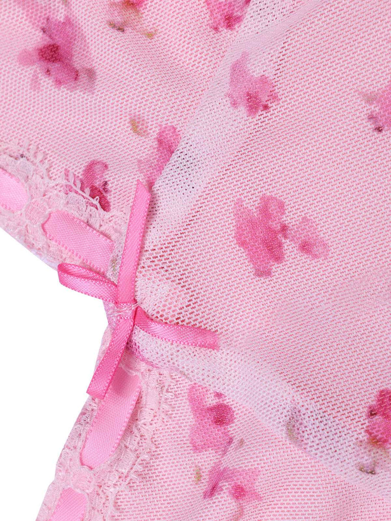 Pink 1950s Ditsy Floral Mesh Spaghetti Straps Sleepwear