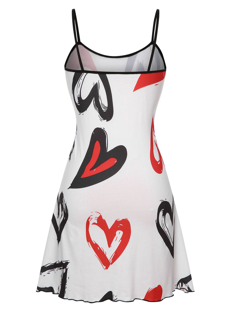 White 1950s Strap Heart Print Sleepwear