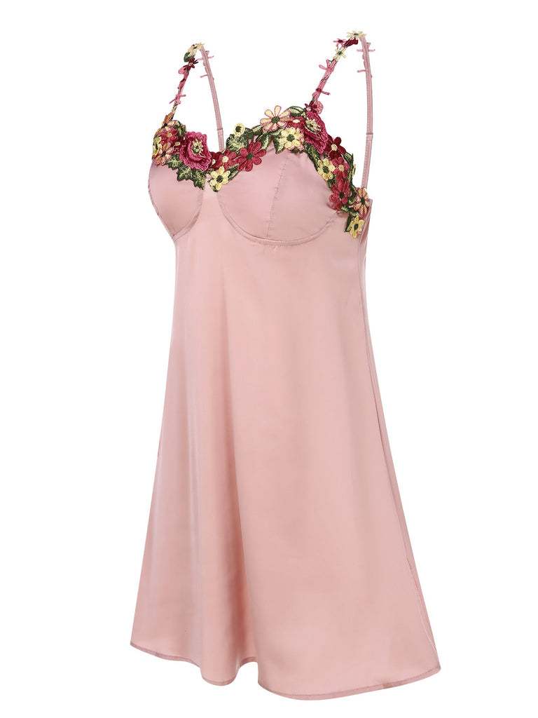 Pink 1950s Flower Embroidered Suspender Nightgown