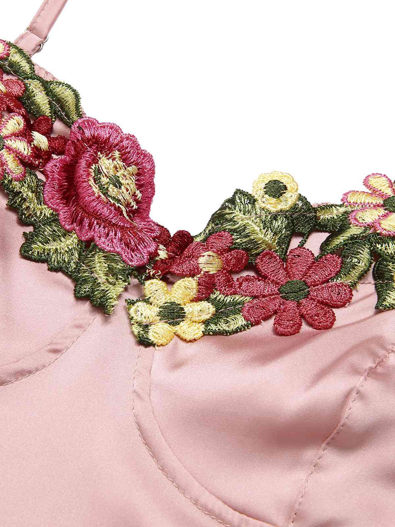 Pink 1950s Flower Embroidered Suspender Nightgown