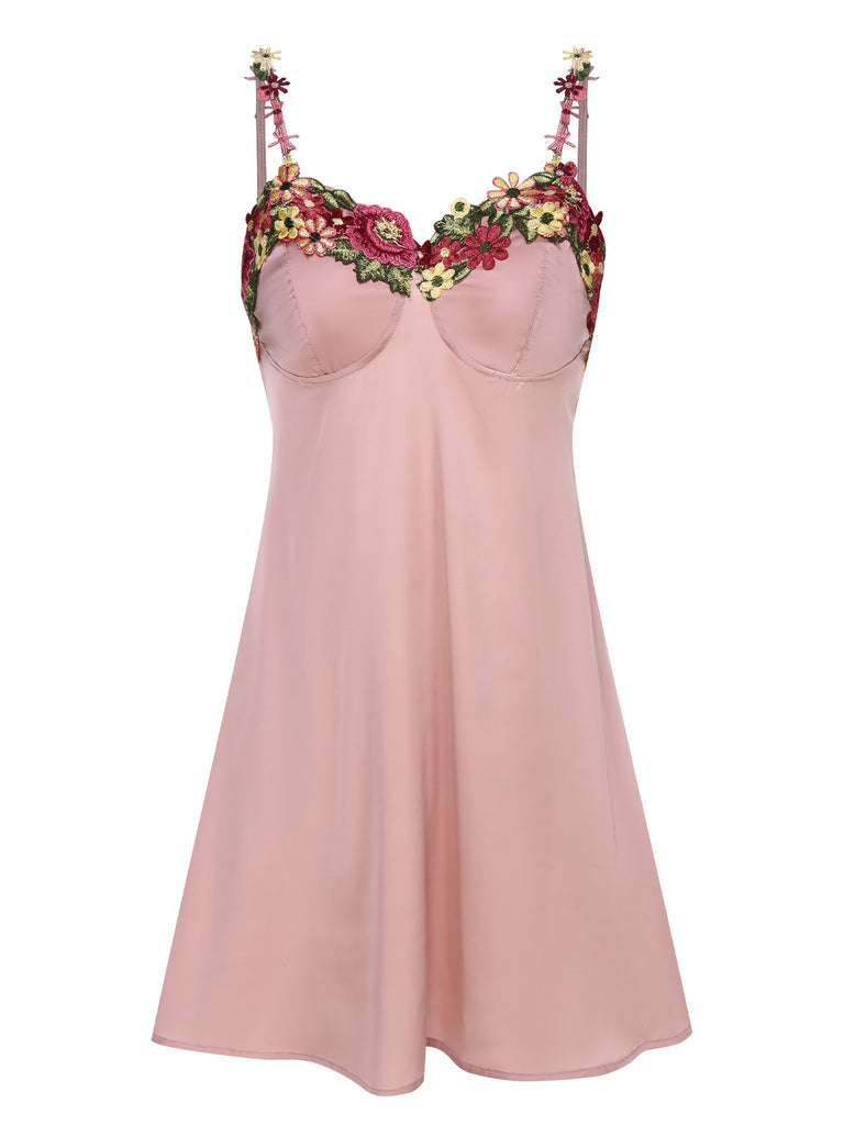 Pink 1950s Flower Embroidered Suspender Nightgown