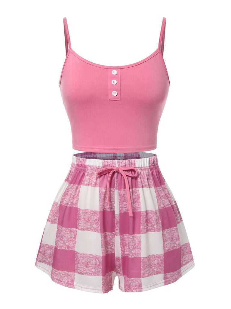 Pink 1970s Camisole Top & Plaid Shorts Pajamas