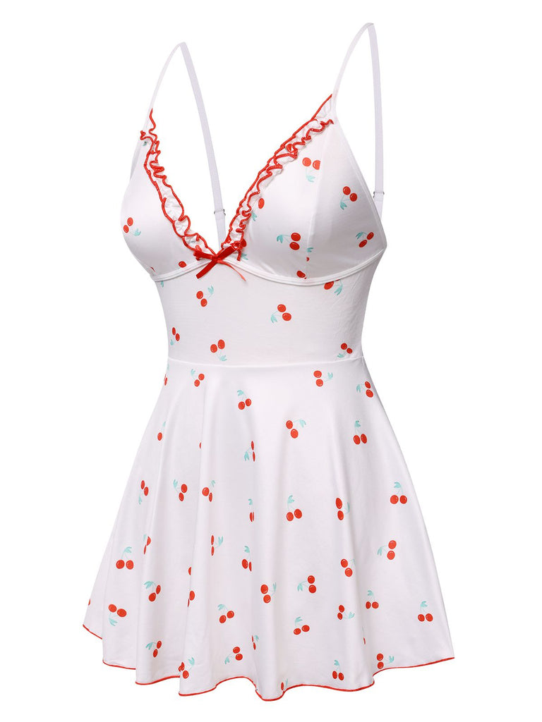 White 1950s Spaghetti Strap Cherry Bow Sleepwear