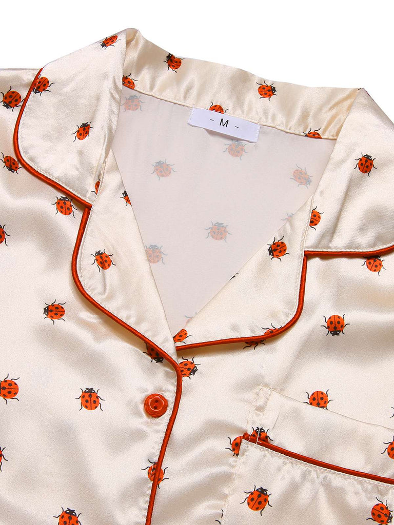 Beige 1960s Beetle Lapel Short Sleeve Pajamas