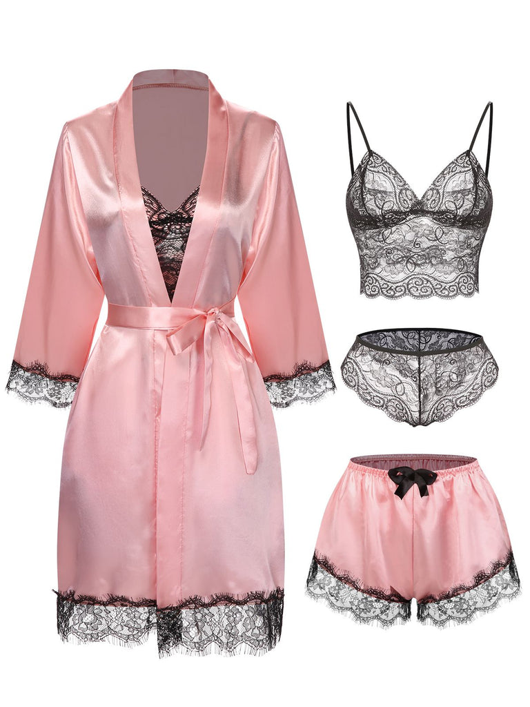 4PCS 1960s Lace Satin Camisole Pajama Set