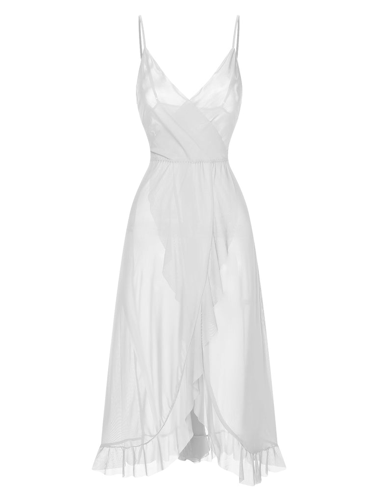 1930s Solid V-Neck Ruffle Sheer Nightgown