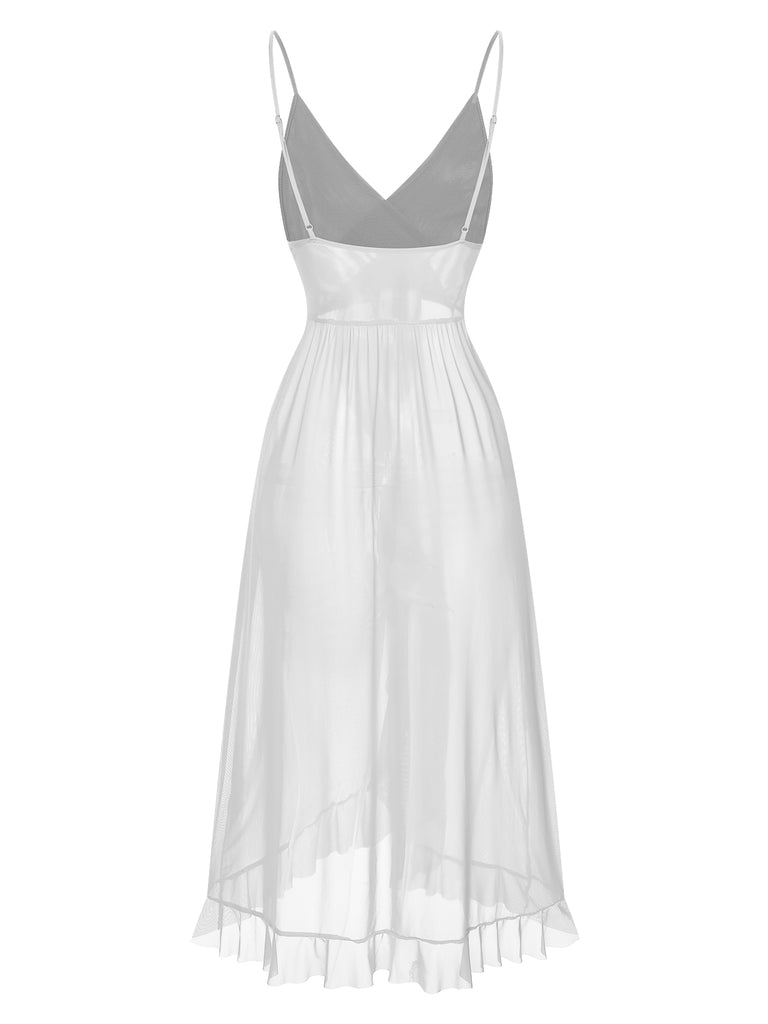 1930s Solid V-Neck Ruffle Sheer Nightgown