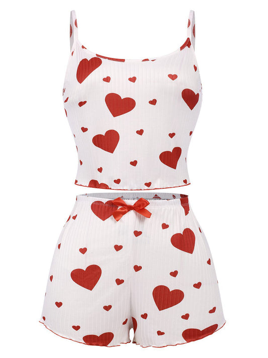 White 1950s Heart Bow Spaghetti Strap Pajama