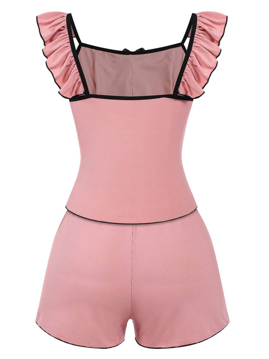 Pink 1950s Bow Binding Ruffle Straps Pajamas