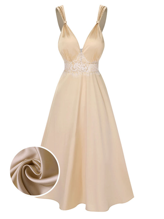 Champagne 1930s Solid Lace Satin Nightgown