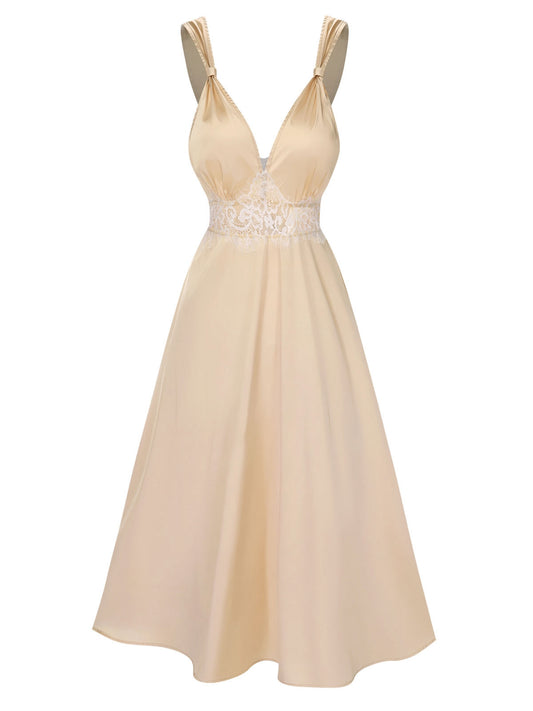 Champagne 1930s Solid Lace Satin Nightgown