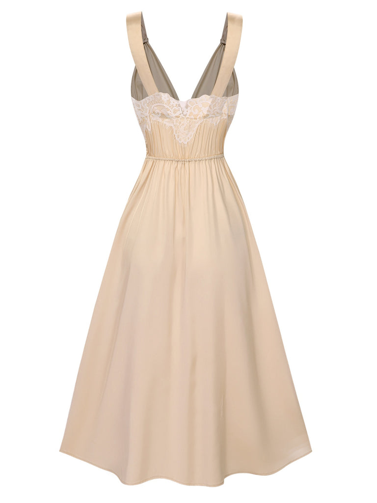 Champagne 1930s Solid Lace Satin Nightgown