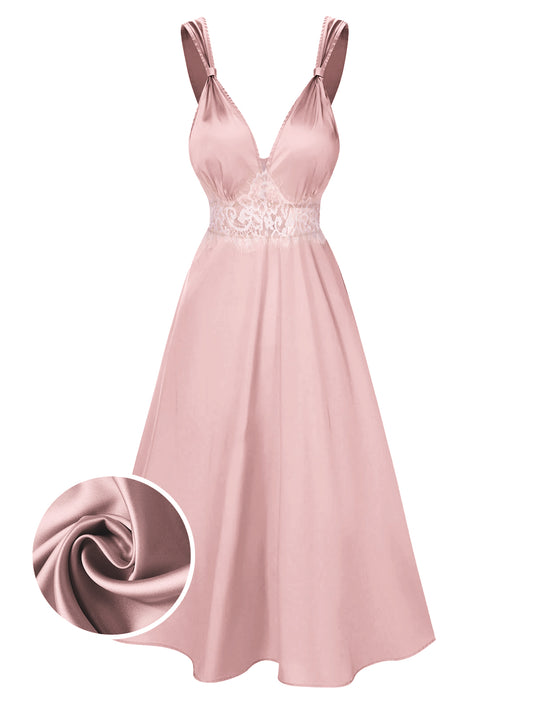 Pink 1930s Solid Lace Satin Nightgown