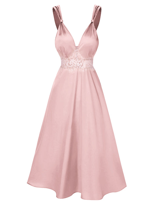 Pink 1930s Solid Lace Satin Nightgown