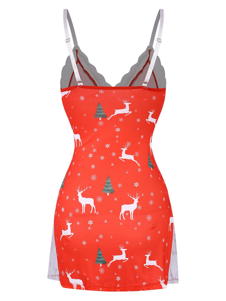 Red 1970s Spaghetti Strap Christmas Print Nightgown