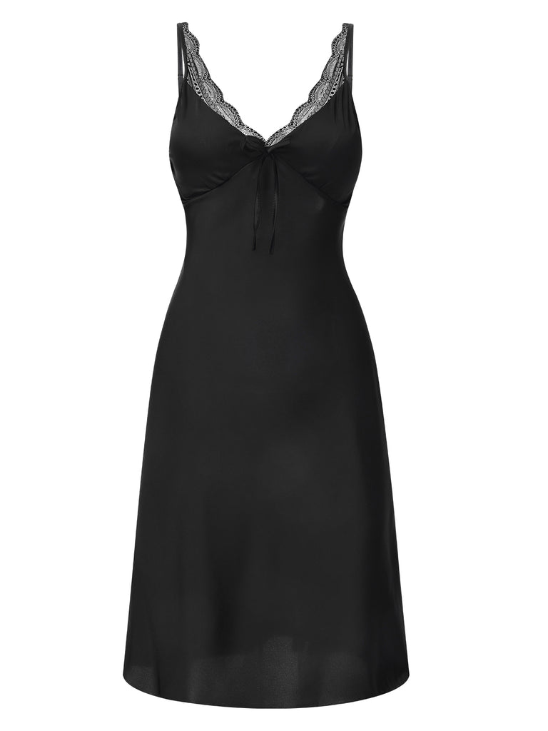 Black 1950s Solid V-Neck Lace Nightgown