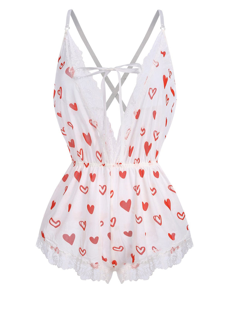 White 1970s Lace Trim Heart Print One-Piece Sleepwear