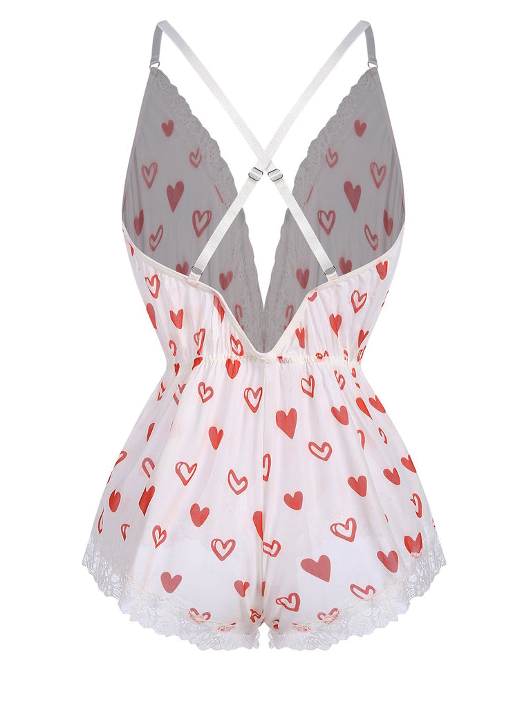 White 1970s Lace Trim Heart Print One-Piece Sleepwear