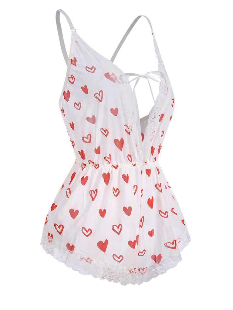 White 1970s Lace Trim Heart Print One-Piece Sleepwear