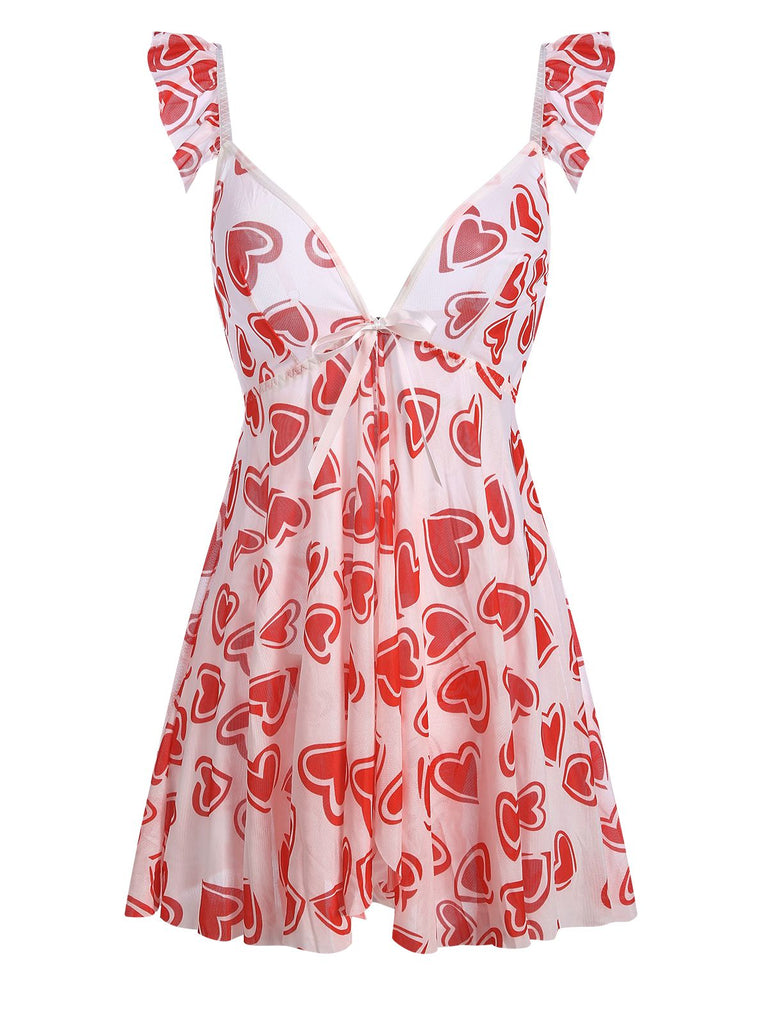 1950s Spaghetti Strap Heart Ruffles Mini Nightgown