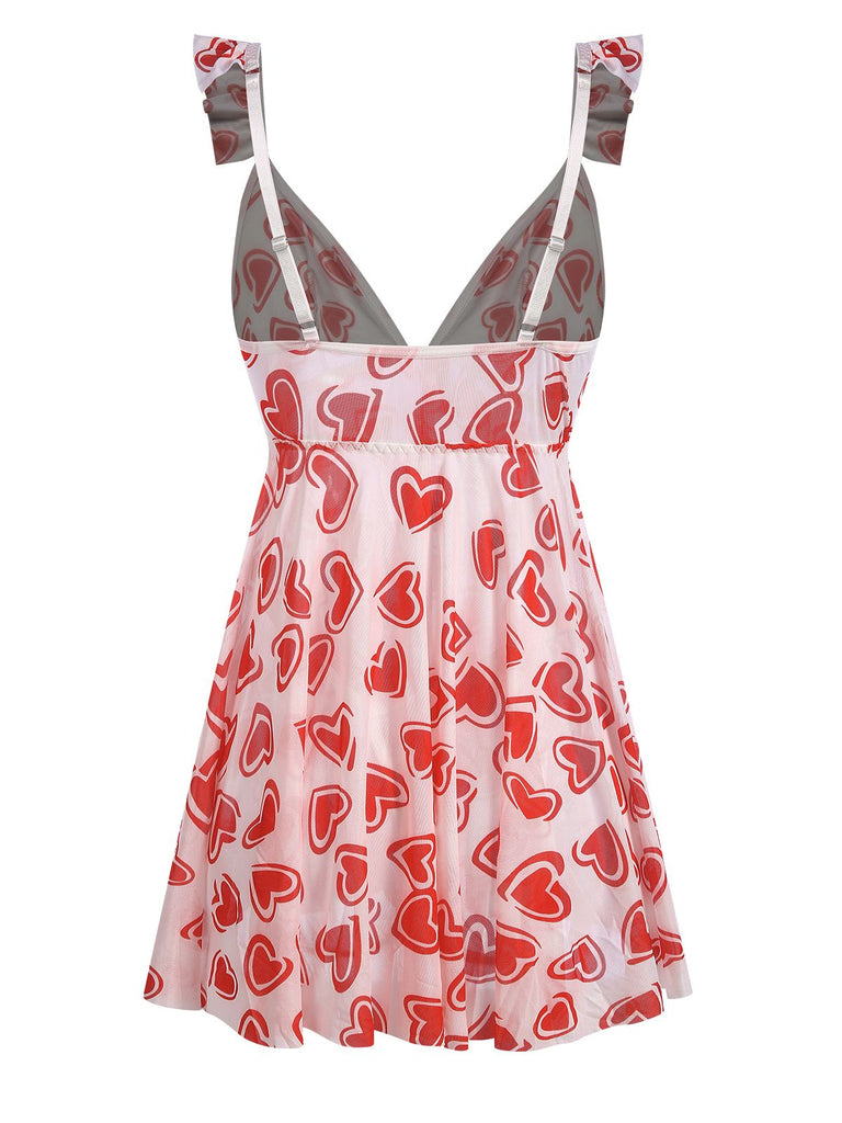 1950s Spaghetti Strap Heart Ruffles Mini Nightgown