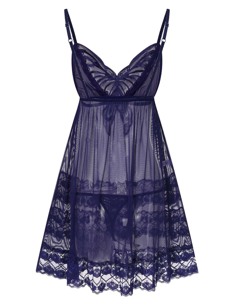 1940s Embroidered Lace Butterfly Sheer Nightgown