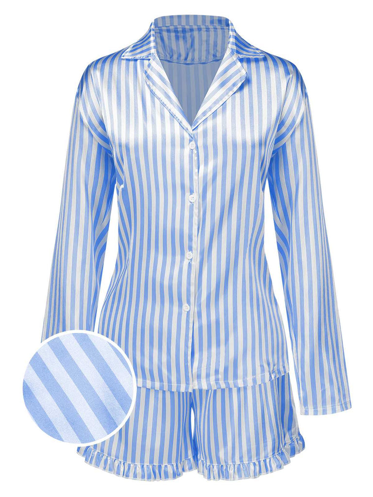 1960s Lapel Stripes Satin Pajamas Set