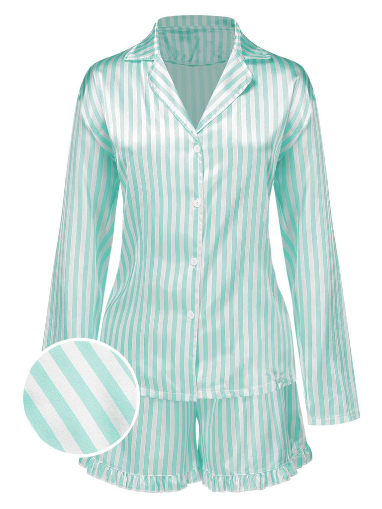 1960s Lapel Stripes Satin Pajamas Set