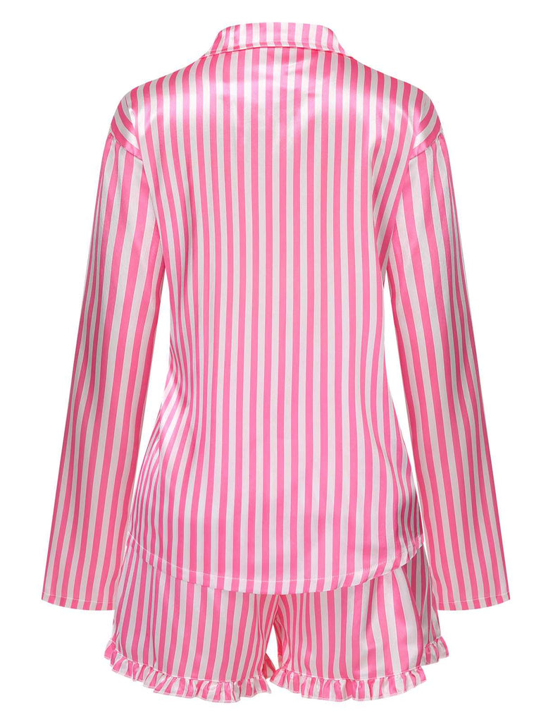 1960s Lapel Stripes Satin Pajamas Set