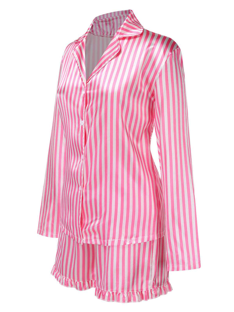 1960s Lapel Stripes Satin Pajamas Set