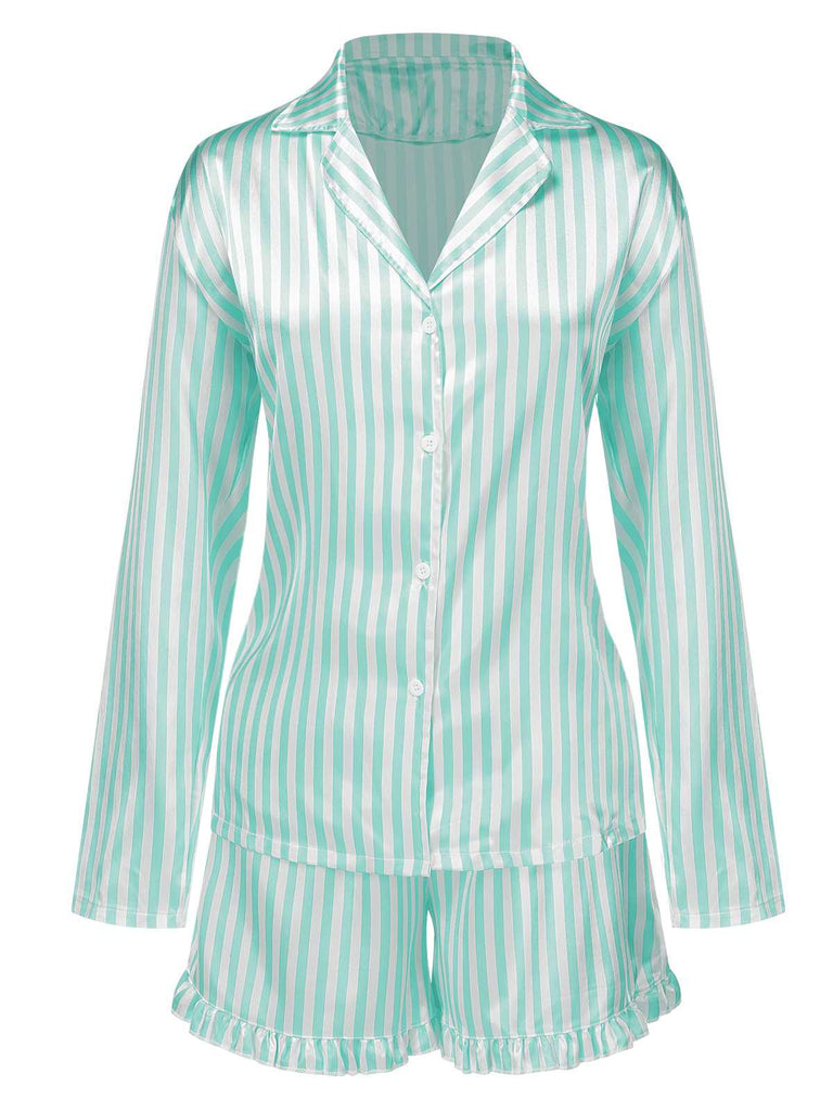 1960s Lapel Stripes Satin Pajamas Set