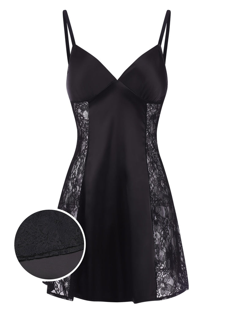 [Pre-Sale] Black 1950s Solid Lace Patchwork Straps Nightgown