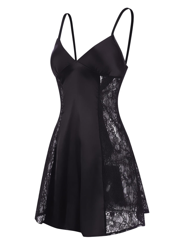 [Pre-Sale] Black 1950s Solid Lace Patchwork Straps Nightgown