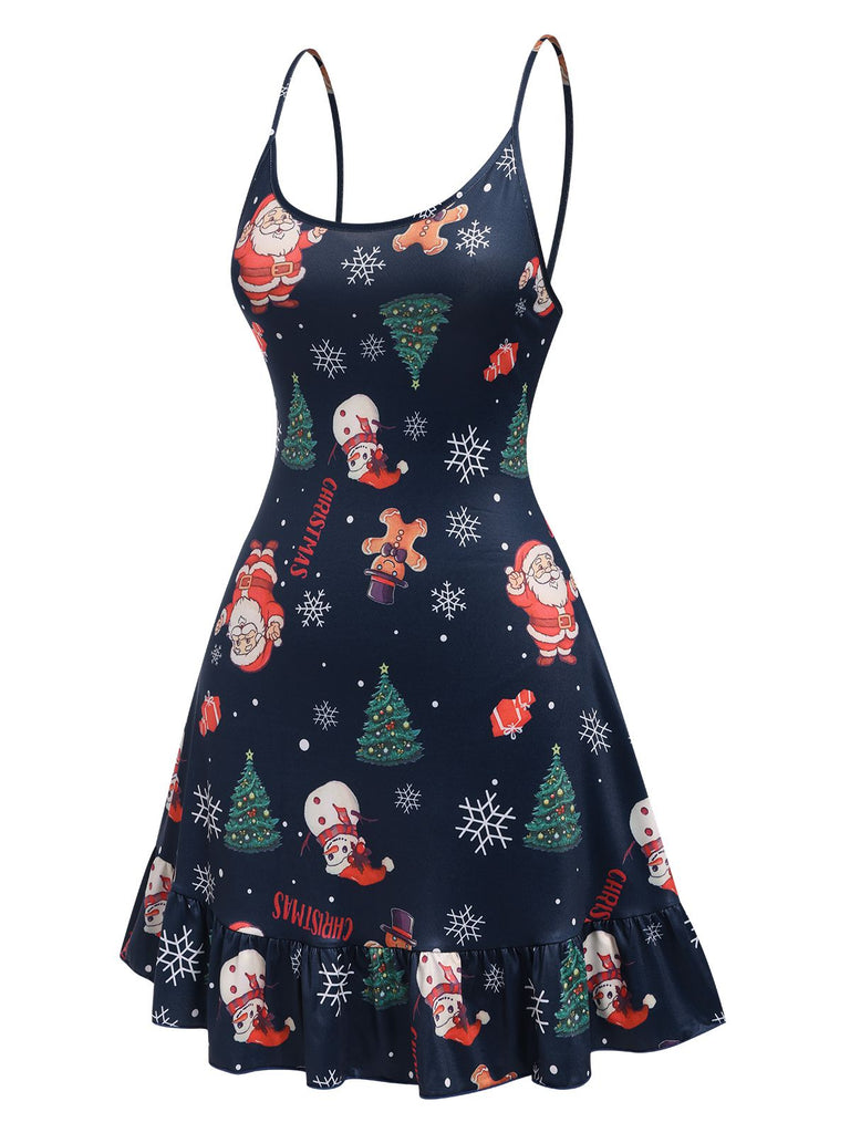 Dark Blue 1940s Christmas Straps Nightgown