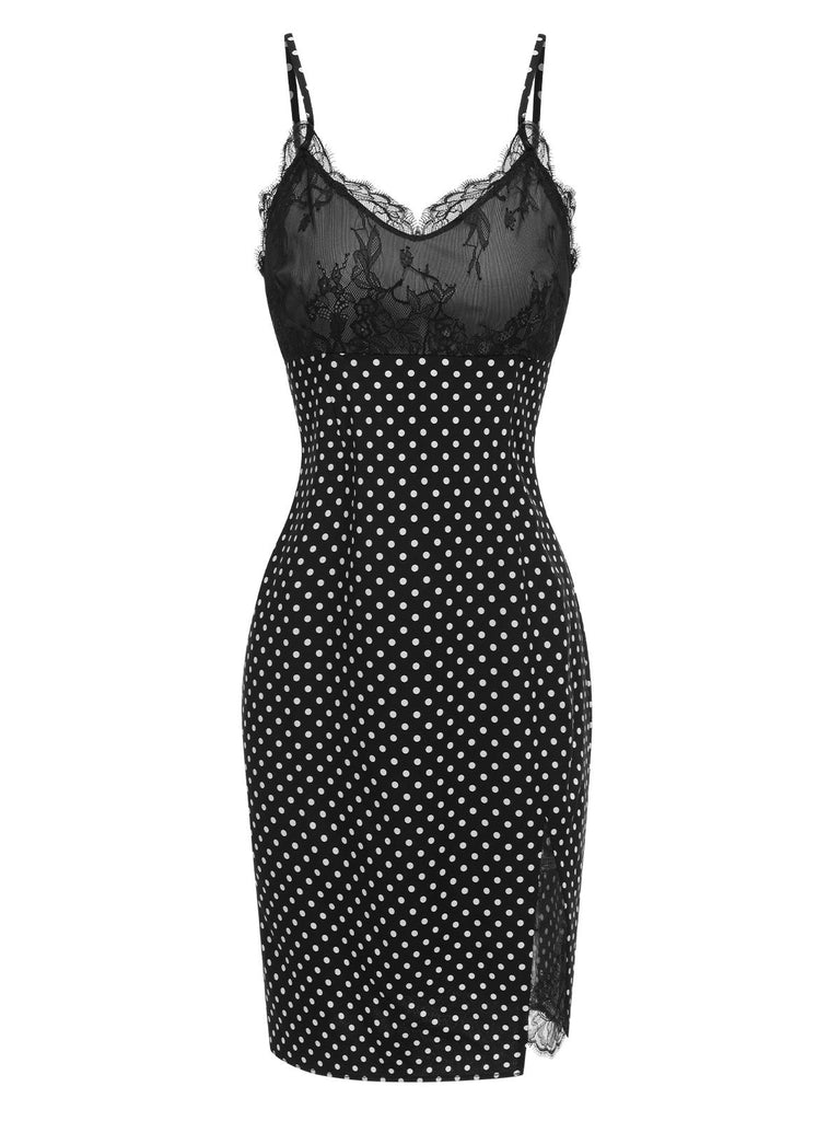 [Pre-Sale] Black 1960s Lace Dots Patchwork Straps Nightdress