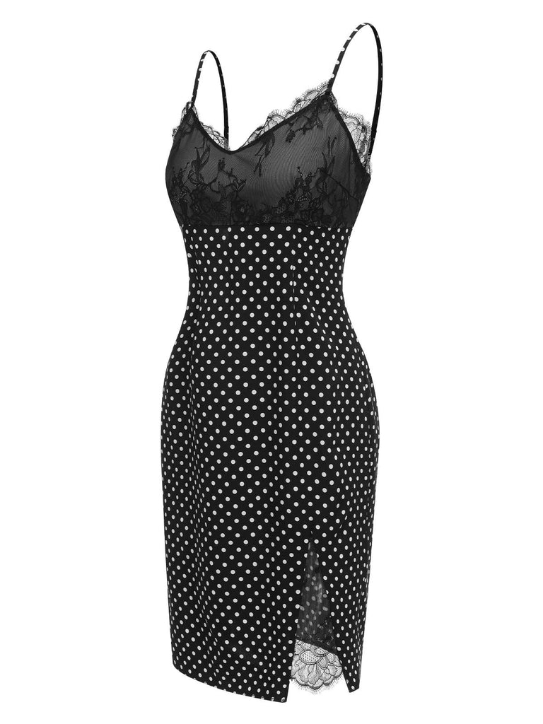 [Pre-Sale] Black 1960s Lace Dots Patchwork Straps Nightdress