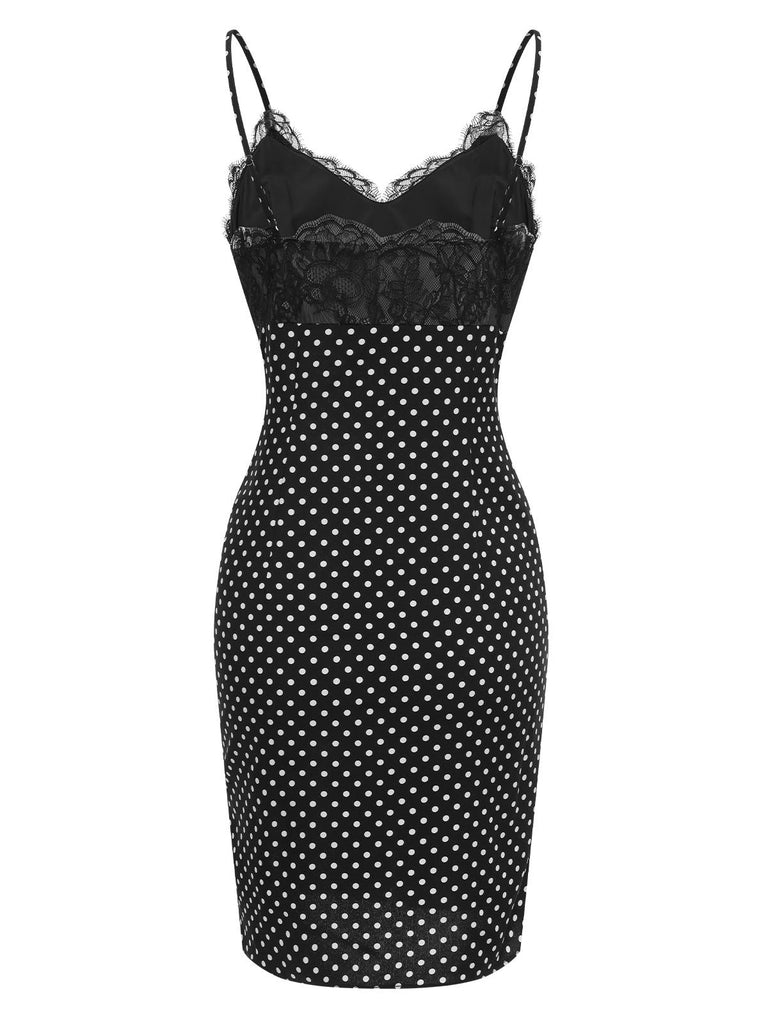 [Pre-Sale] Black 1960s Lace Dots Patchwork Straps Nightdress