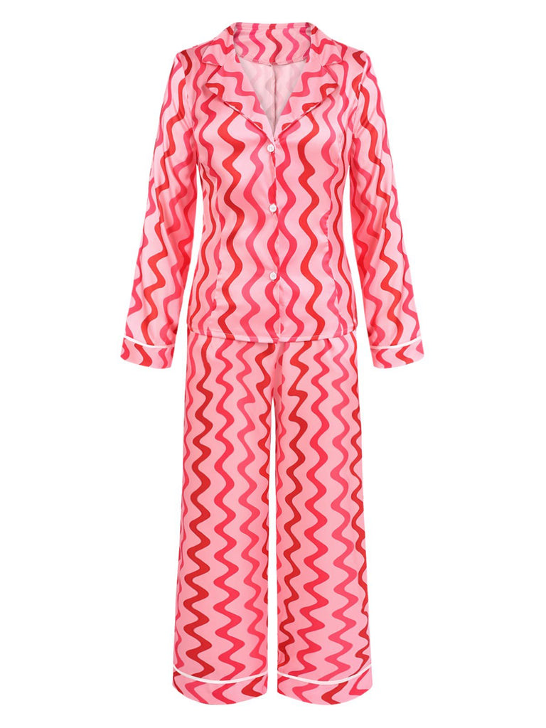 [Pre-Sale] Pink 1960s Lapel Wave Stripe Pajamas