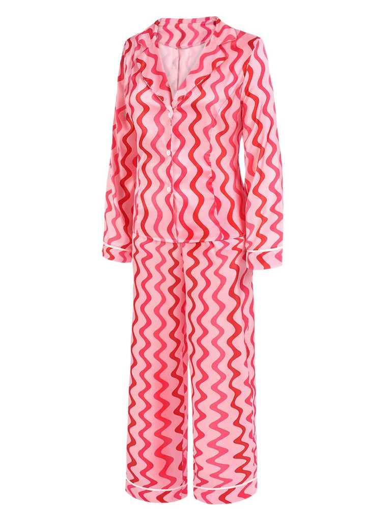 [Pre-Sale] Pink 1960s Lapel Wave Stripe Pajamas