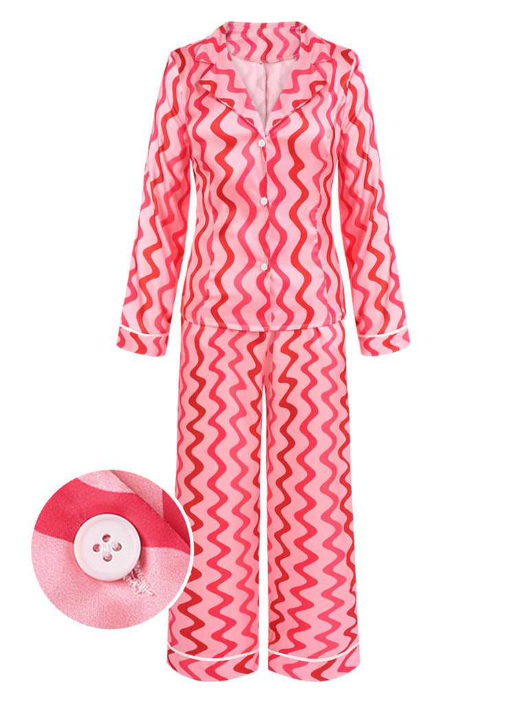 [Pre-Sale] Pink 1960s Lapel Wave Stripe Pajamas