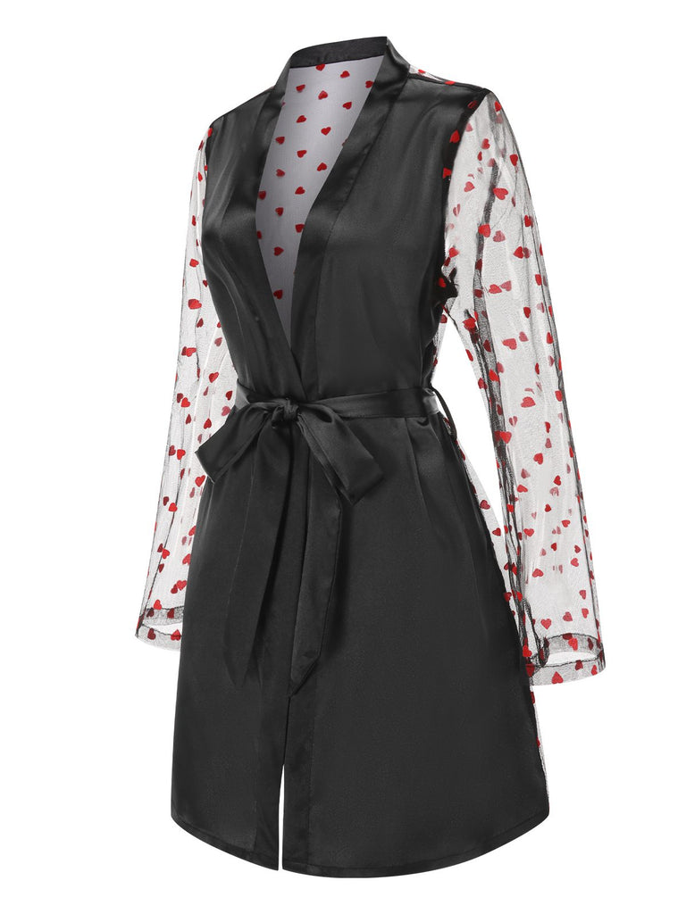 Black 1950s Hearts Dots Mesh Satin Sleep Robe