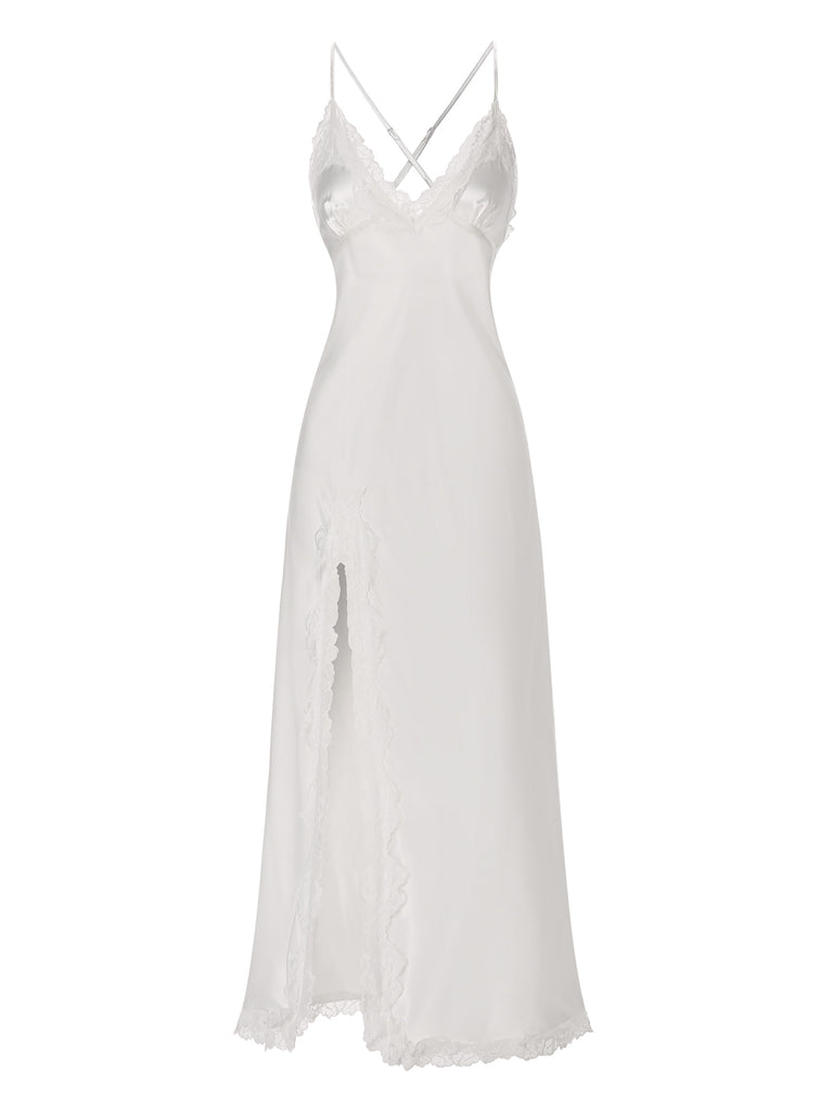 White 1950s Solid Satin Slit Suspender Nightdress