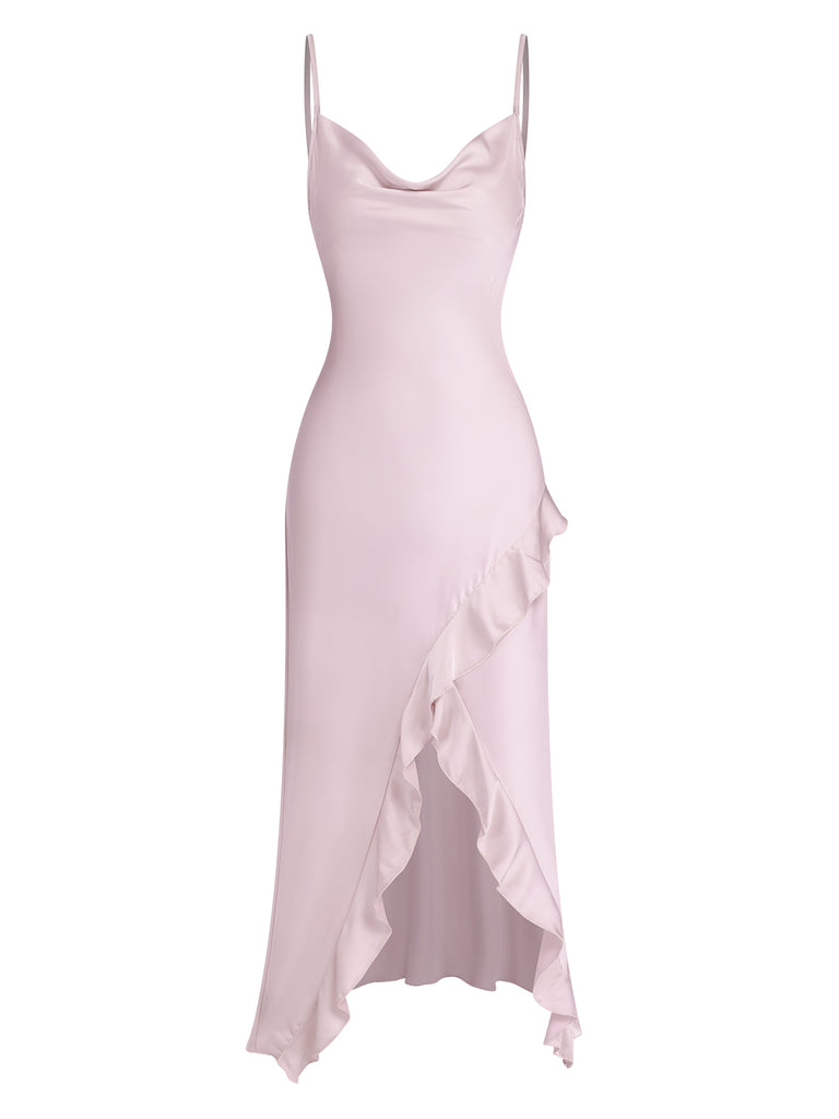 Pink 1960s Solid Satin Ruffled Tulip Nightdress