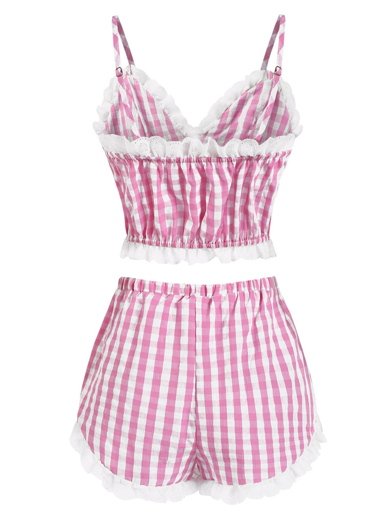 [Pre-Sale] Pink 1970s Ruffled Lace Plaid Pajama Set