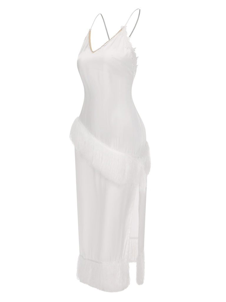 White 1940s Back Straps Tassels Satin Nightdress