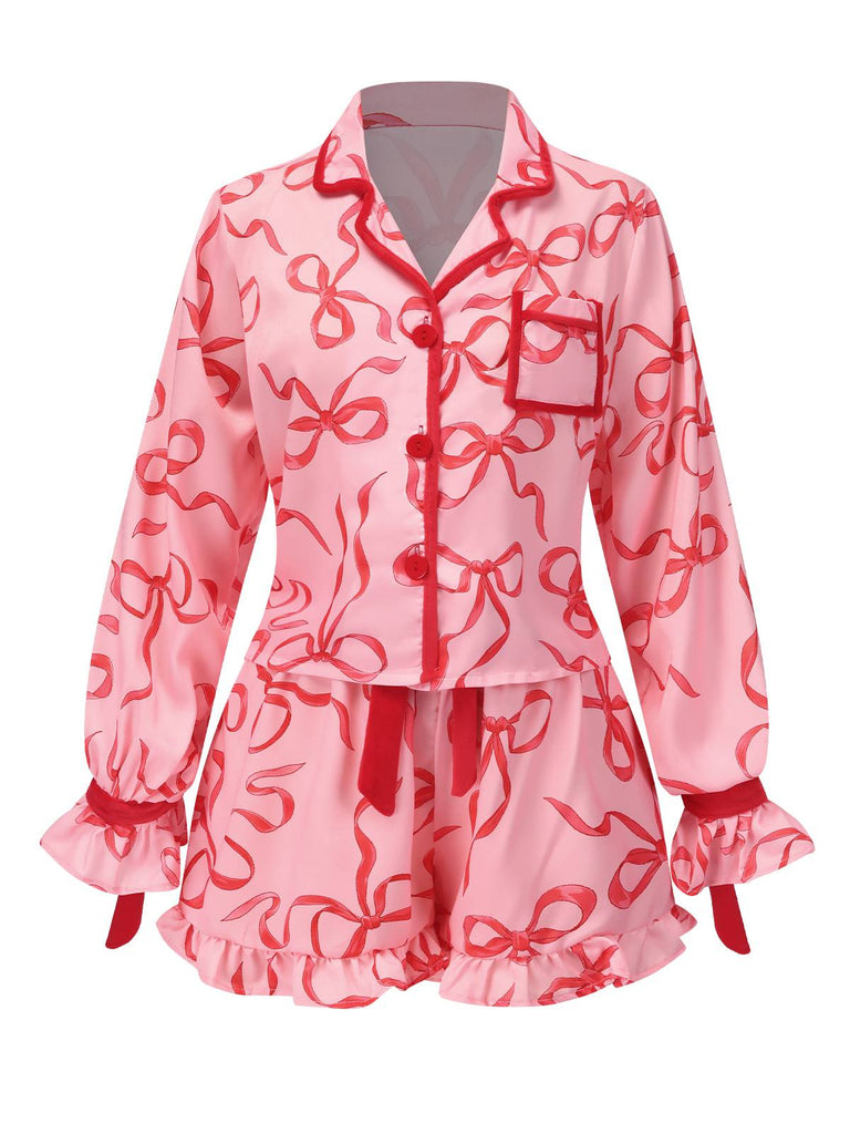 Pink 1940s Red Ribbons Ruffles Pajama Set