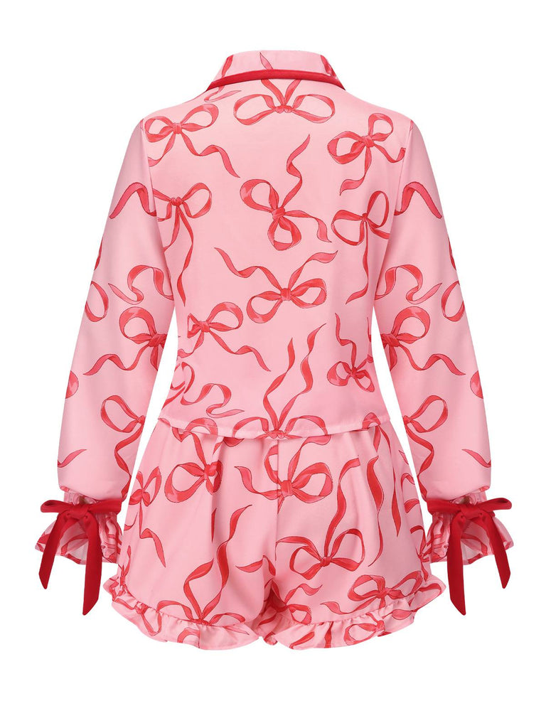 Pink 1940s Red Ribbons Ruffles Pajama Set